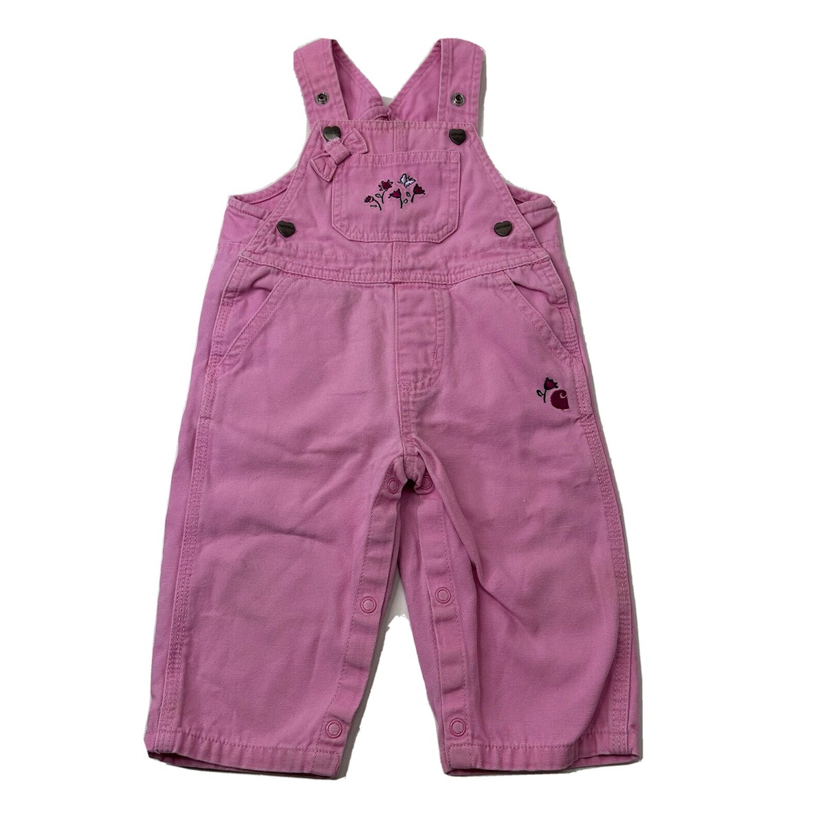 Carhartt Bib Overalls Girls 9m Pink flowers hearts Denim 100