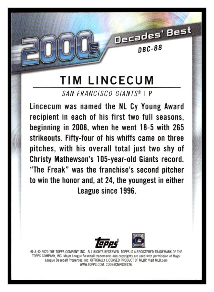 2020 Topps Decades' Best Chrome Series 2 #DBC88 Tim Lincecum Insert - Image 2 of 2