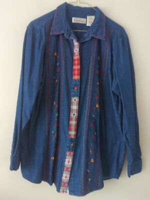 Vintage Bobbie Brooks Denim Embroidery Patchwork Plaid Teacher Shirt