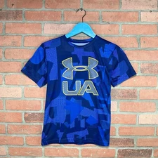 Boys Under Armour Heatgear Blue Geometric Pattern Logo Athletic T-Shirt Y-Large