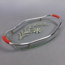 Tablett Glas Abgeschr&auml;gte Kante mit Blumen Versilbert E Metall Chrom Jahre &lsquo;60