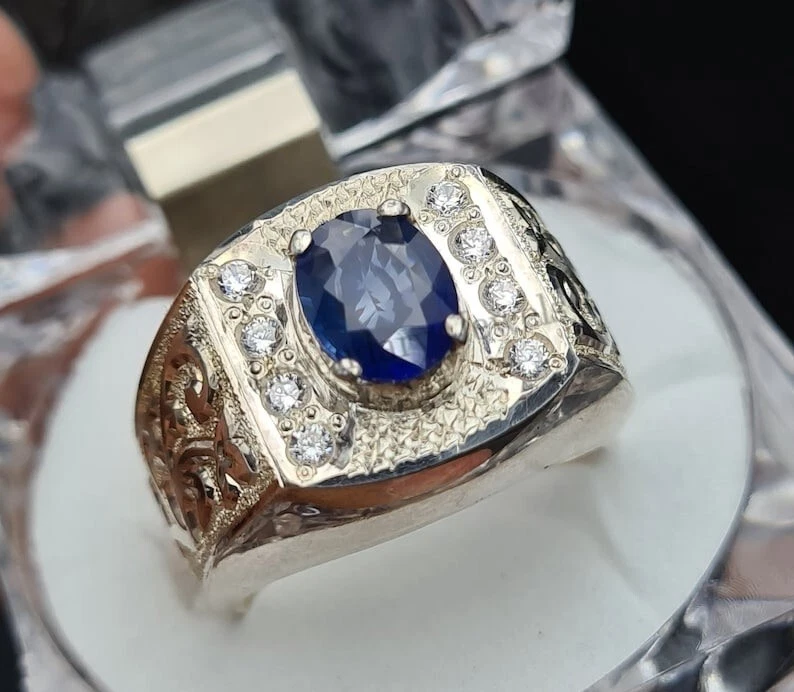 Natural Blue Sapphire Gemstone With 925 Silver Plated Ring for Men's ALL Size - Image 3 of 4