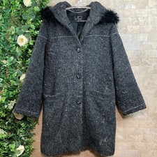 Utex Design Wool Blend Faux Fur Buttoned Hooded Coat Jacket Gray Black Sz Small