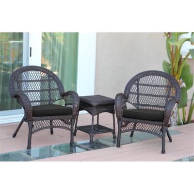 Jeco 3 Piece Wicker Conversation Set in Espresso with Black Cushions