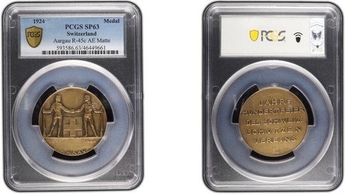 Switzerland Aargau 1924 Brass Shooting Medal PCGS SP63 naked Hunters Handshake - Picture 2 of 2