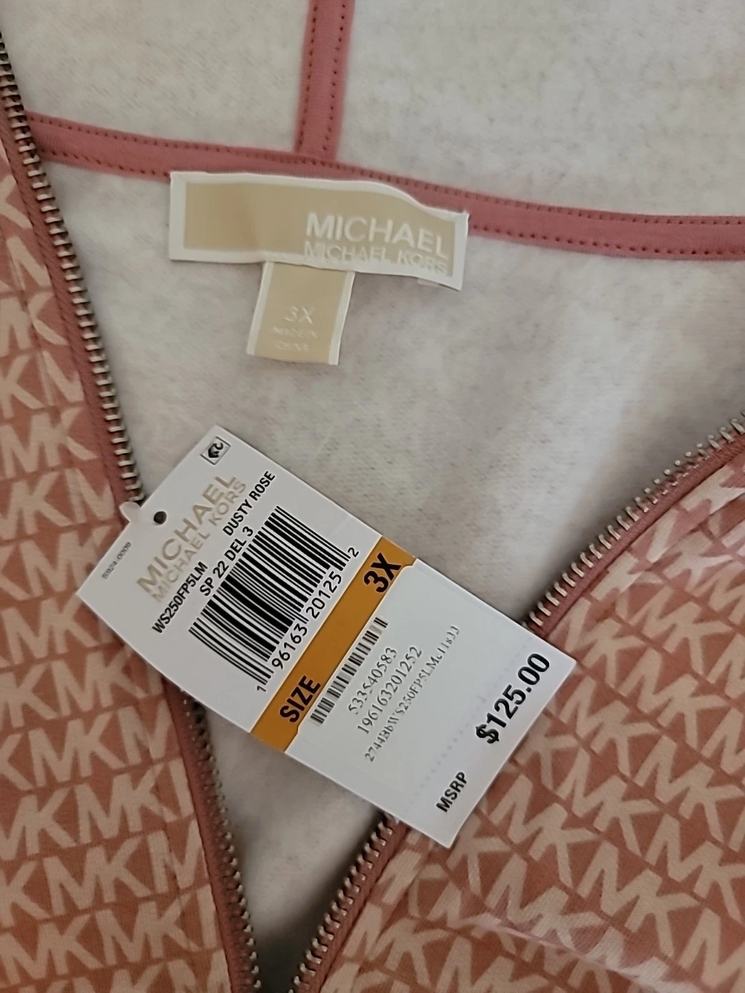 Felpa con cappuccio e zip Michael Kors Dusty Rose nuova con etichetta taglia 3X