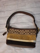 Rare Coach Brown Gold Logo Shoulder Bag with Metallic Trim Grommet Gold Hardware