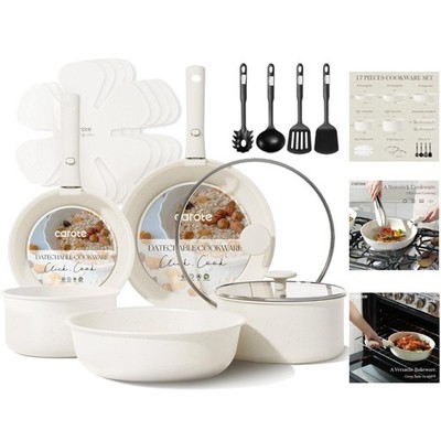 Space-Saving 17-Piece Nonstick Cookware Set with Oven Safe Features, Cream White