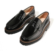 Mens Black Penny Loafers Handmade Leather Slip On Dress Shoes