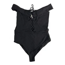 L Space Anja One Piece Swimsuit Black Ribbed Lace Up Off Shoulder Size 10 NEW