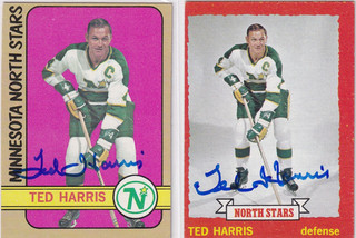 2 TED HARRIS Authentic Autograph 1972 Topps & 1973 Topps North Stars NHL Cards