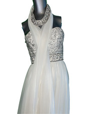 1970 s Mike Benet Ivory Chiffon Beaded Sequined Formal Gown Sz 11 W Scarf