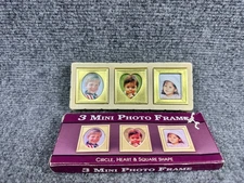 3 Mini Photo Frames Set – Circle, Heart & Square – Vintage Style – Brass Tone