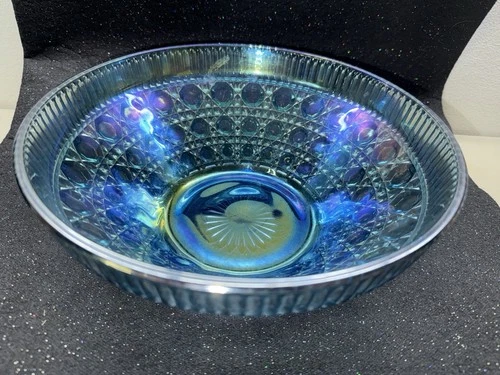 Vintage Carnival Glass Blue Iridescent Indiana Windsor Button Bowl 10-3/8"
