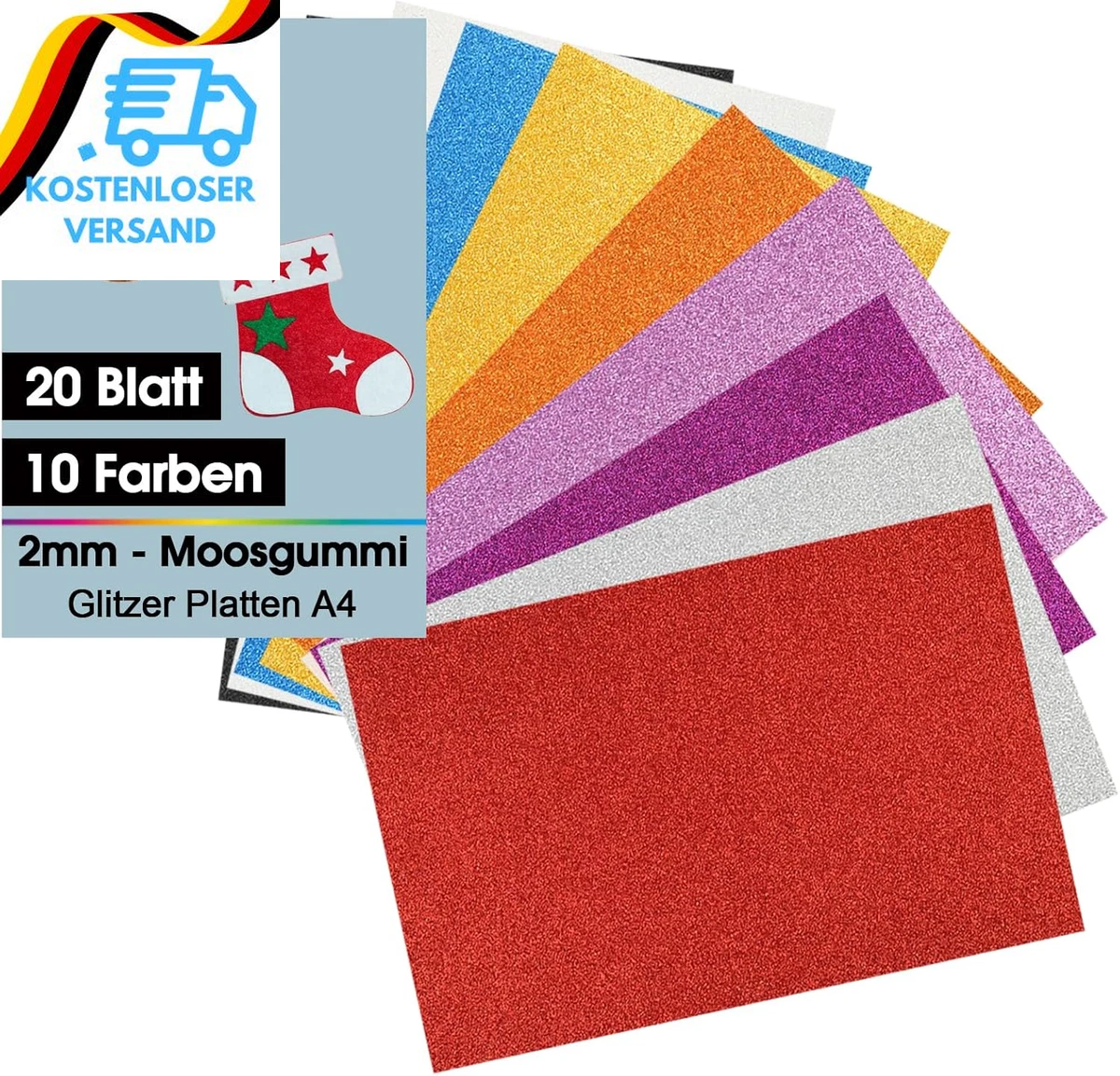 Moosgummi Glitzer Platten 20 Stück A4 2mm 10 Farben Bastelschaum
