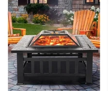 Fire Pits for Outside, 32" Wood Burning Fire Pit Tables with Screen Lid, Poker, 