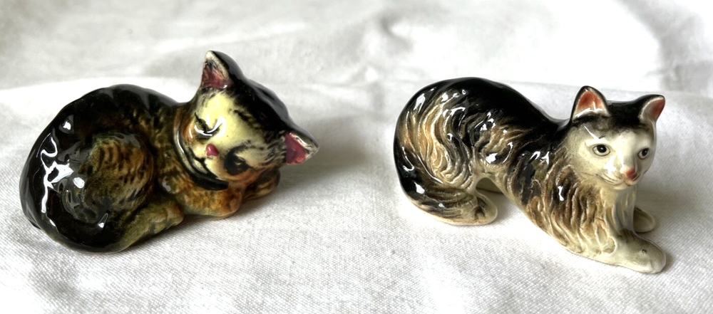Vintage Ceramic Cat LOT Black & Brown 1 Asleep Other Crouched w Human Eyes