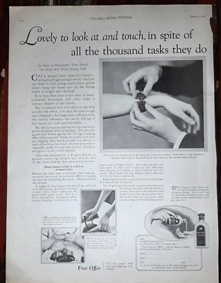 1926 Jergens Vintage Print Ad Lotion Hand Woman Silky Soft Sew Iron Bracelet B&W