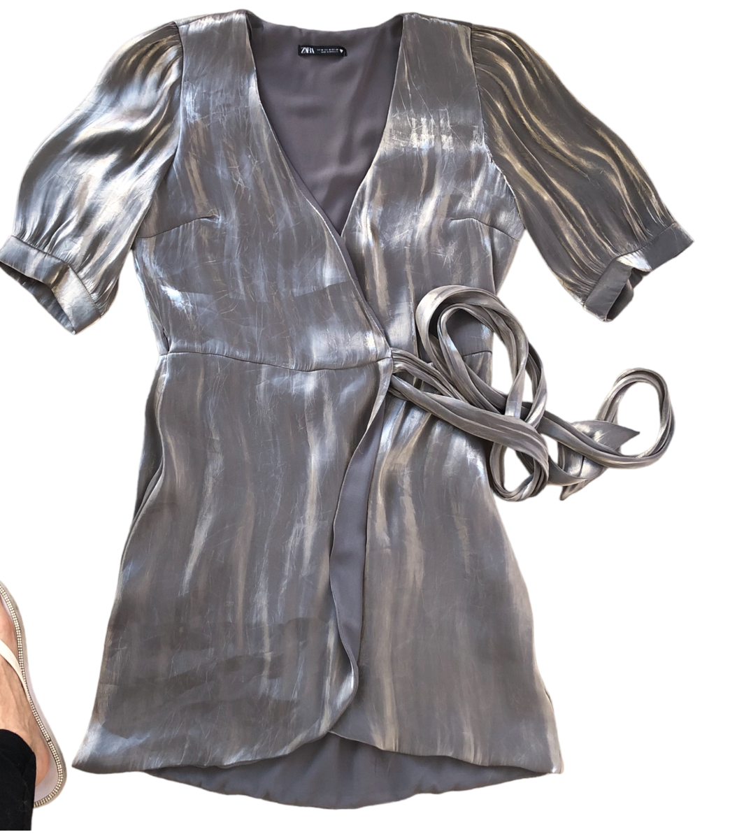 Zara Short Sleeve Shiny Wrap Silver Mini Cocktail Party Short Dress Size M  | eBay