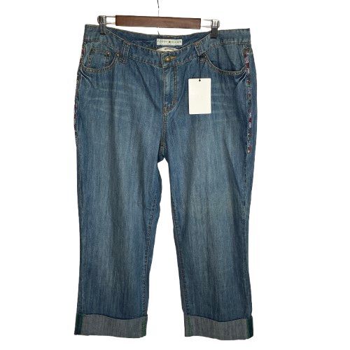 Tommy Hilfiger Womens Blue Beaded Boho Embroidered Hipster Cropped Jeans Size 16