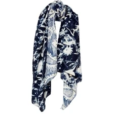 Womens Fashion Statement Scarf Blue Ivory Paisley Flower Oversized Wrap Shawl