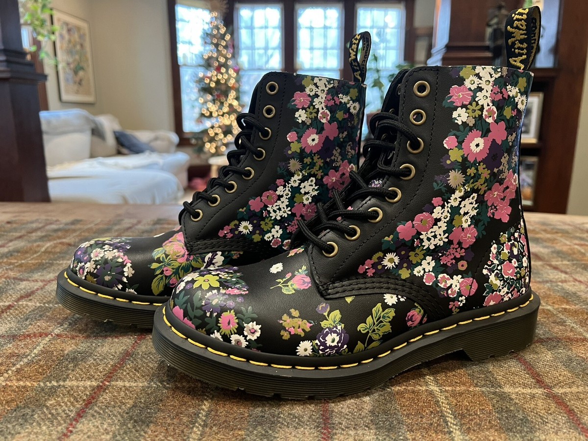 Dr. Doc Martens Pascal 1460 Leather Boots Vintage Floral Black US