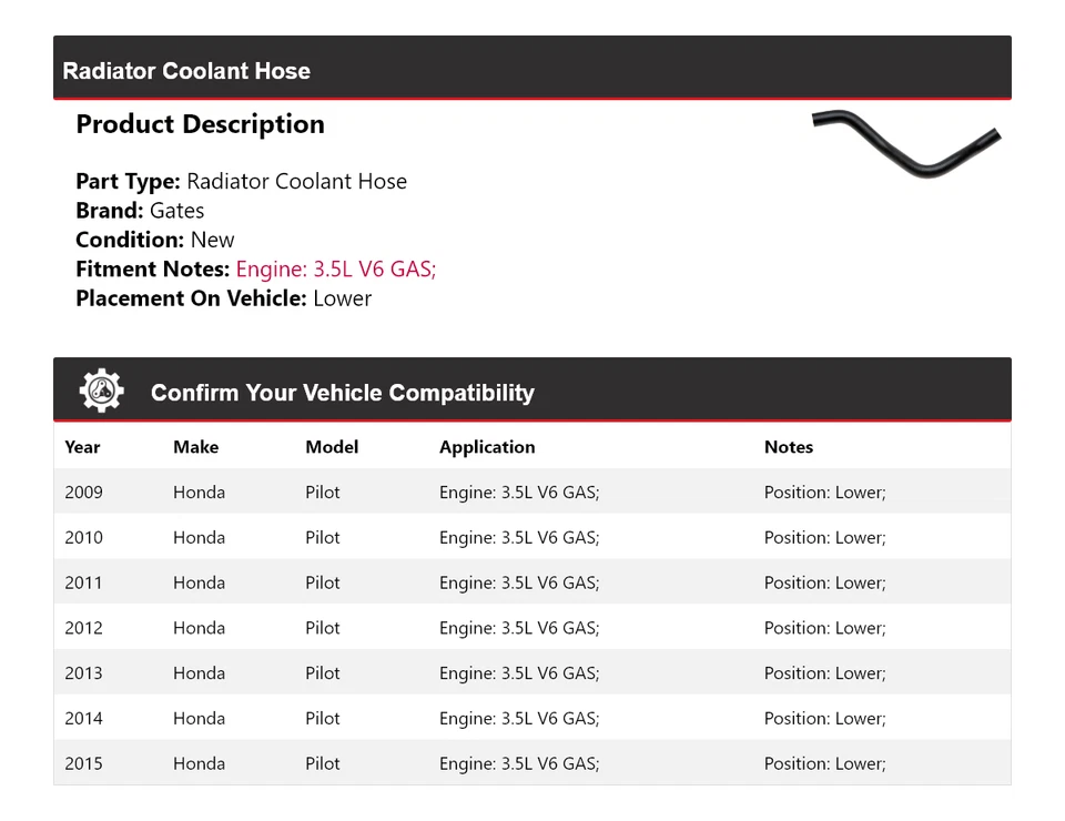 Manguera de refrigerante de radiador de gas V6 de 3,5 L para Honda Pilot 2009-2015 puertas inferiores 2010 Foto 2 de 4