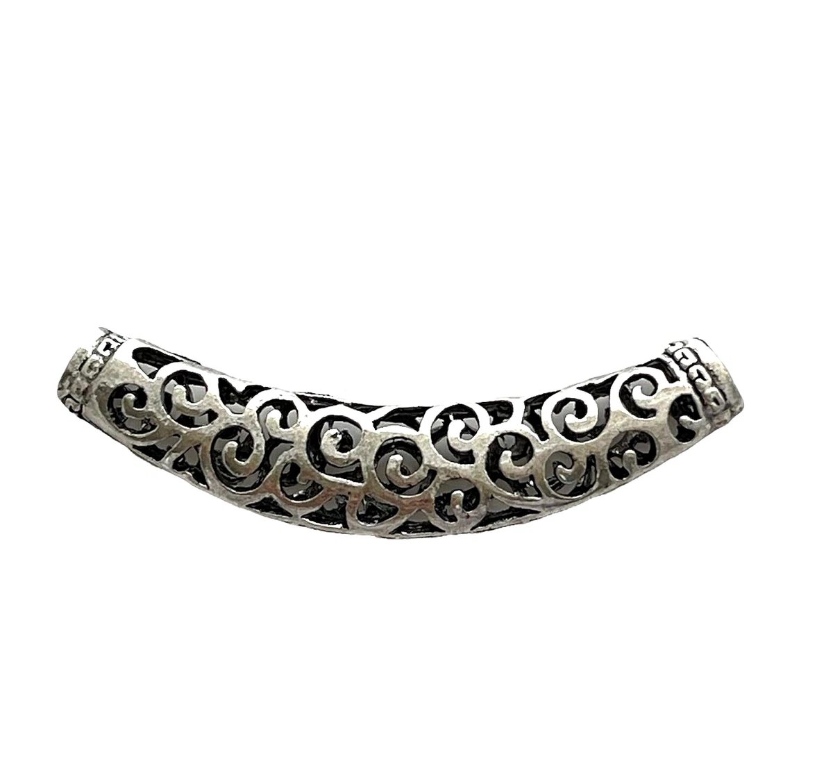 2 LARGE 64mm Long Focal Point Silver Hollow Filigree Swirls Curved Tube Beads