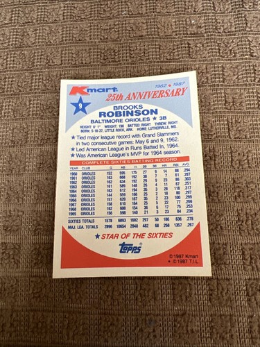 BALTIMORE ORIOLES BROOKS ROBINSON 1987 TOPPS BASEBALL MVP CARD NM #9 VERY NICE - Picture 2 of 2