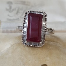925 Sterling Silver Ring, Large Ruby And Diamonds, Art Deco Style, Size K.5