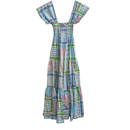 Vintage Mistra Dress OS Blue Patchwork Tiered Maxi Sundress Smocked Cottagecore