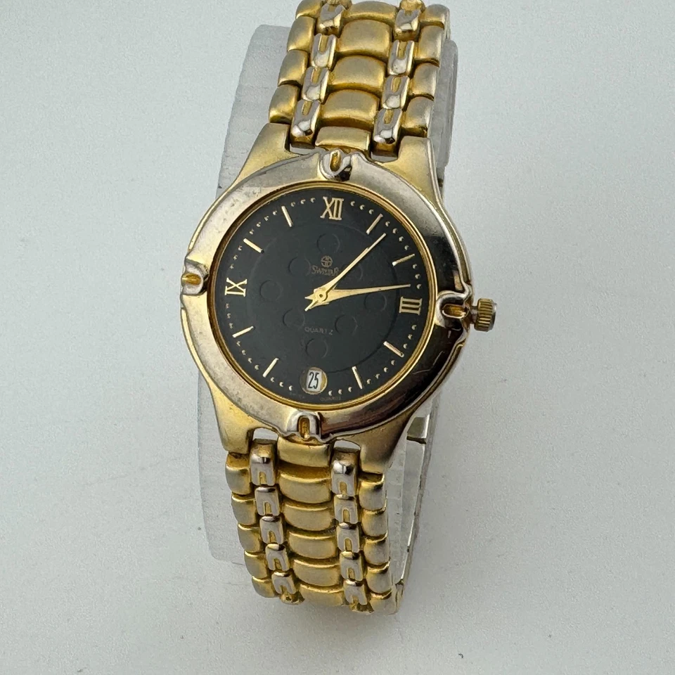 Vintage Swistar Relógio de Quartzo Unissex Banhado a Ouro 18k Data Analógica Nova Bateria 7" - Imagem 2 de 4