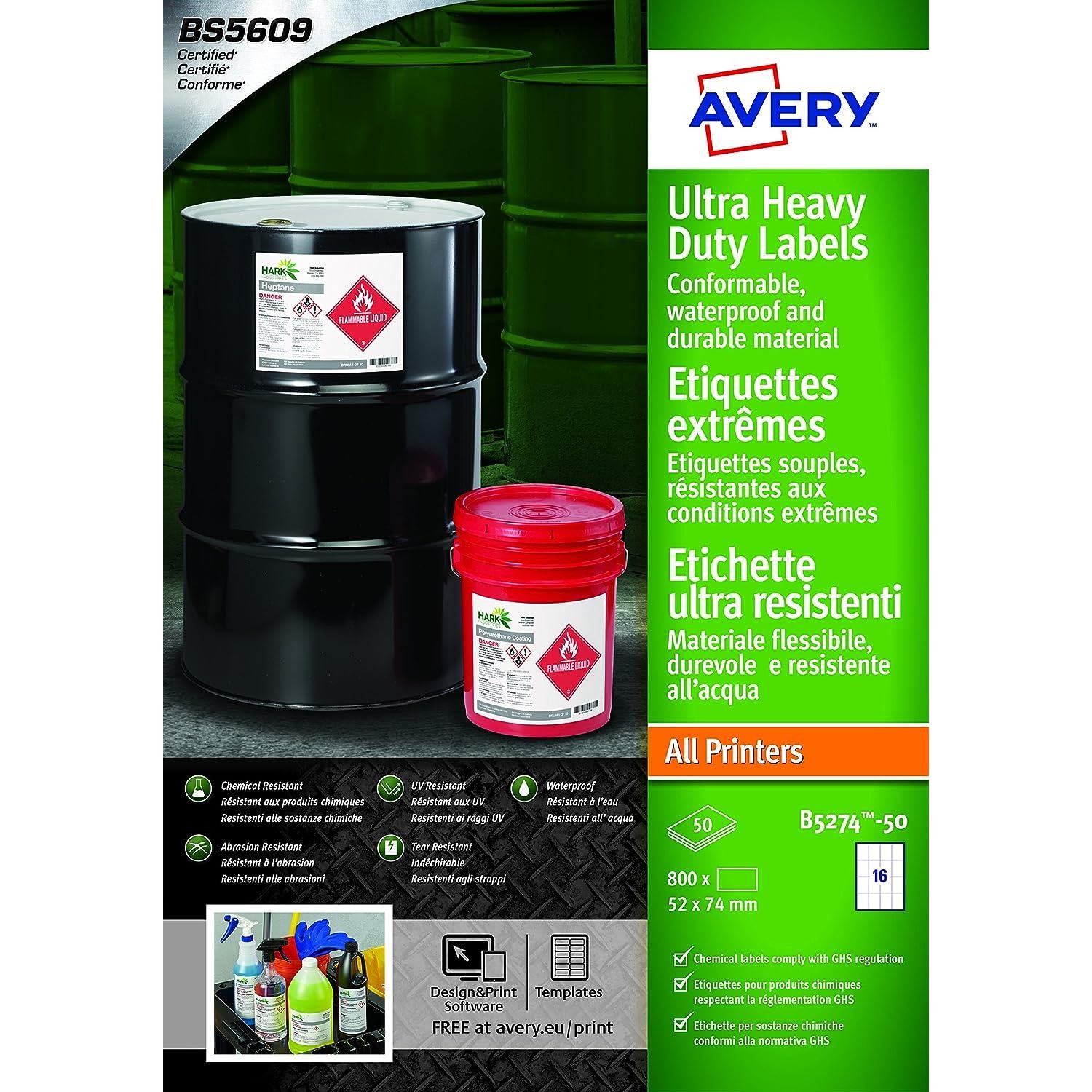 Étiquettes ultra-résistantes Avery B5274-50 planche autocollante polyester blanc pour code-barres