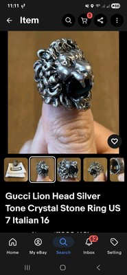 Gucci Silver Lion Head Sz 7 Blk Stone