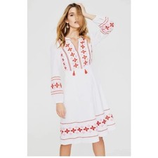 BODEN Marla Embroidered Dress White Gauze Midi Tassel Size 10 Medium Boho