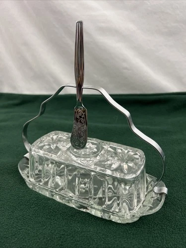 Vintage Clear Glass Butter Dish with Handle & Knife Spreader Star of David EAPC