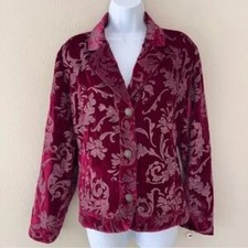 Chicos Blazer Womens 2 Burgundy Velvet Jacket Floral Lined
