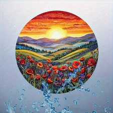 Sunset Flower Field Mountain Landscape Round Aluminum Art 78Inch