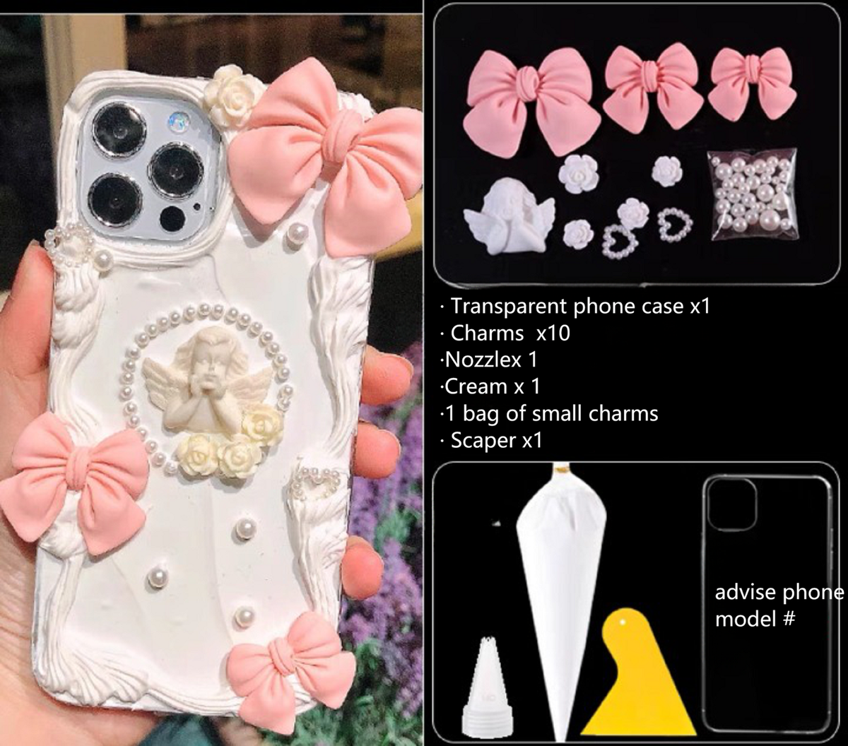 Phone Case DIY Kit Ornate Frame Angel Flowers Daisies Bows Pearls