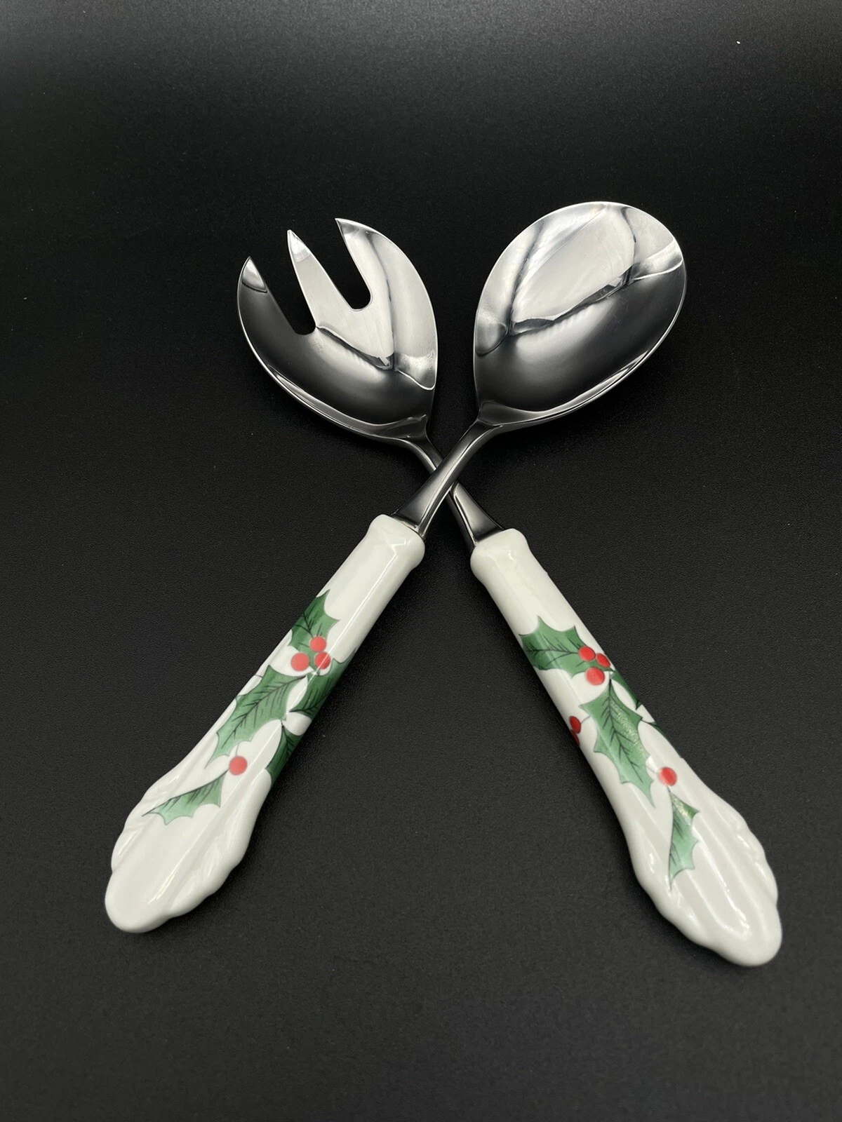 Mikasa Ribbon Holly Salad Tongs Serving Spoons NEW!