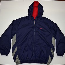 Vintage Nike Puffer Coat Size XL 90s Logo Patch Back Stadium Hood Fleece Lined
