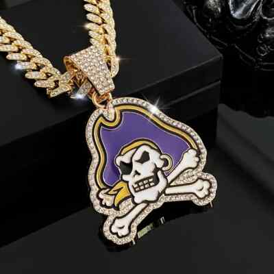 EASTERN CAROLINA PIRATES GEM NECKLACE Gold Bling ECU Hip Hop Pendant 20'' Chain