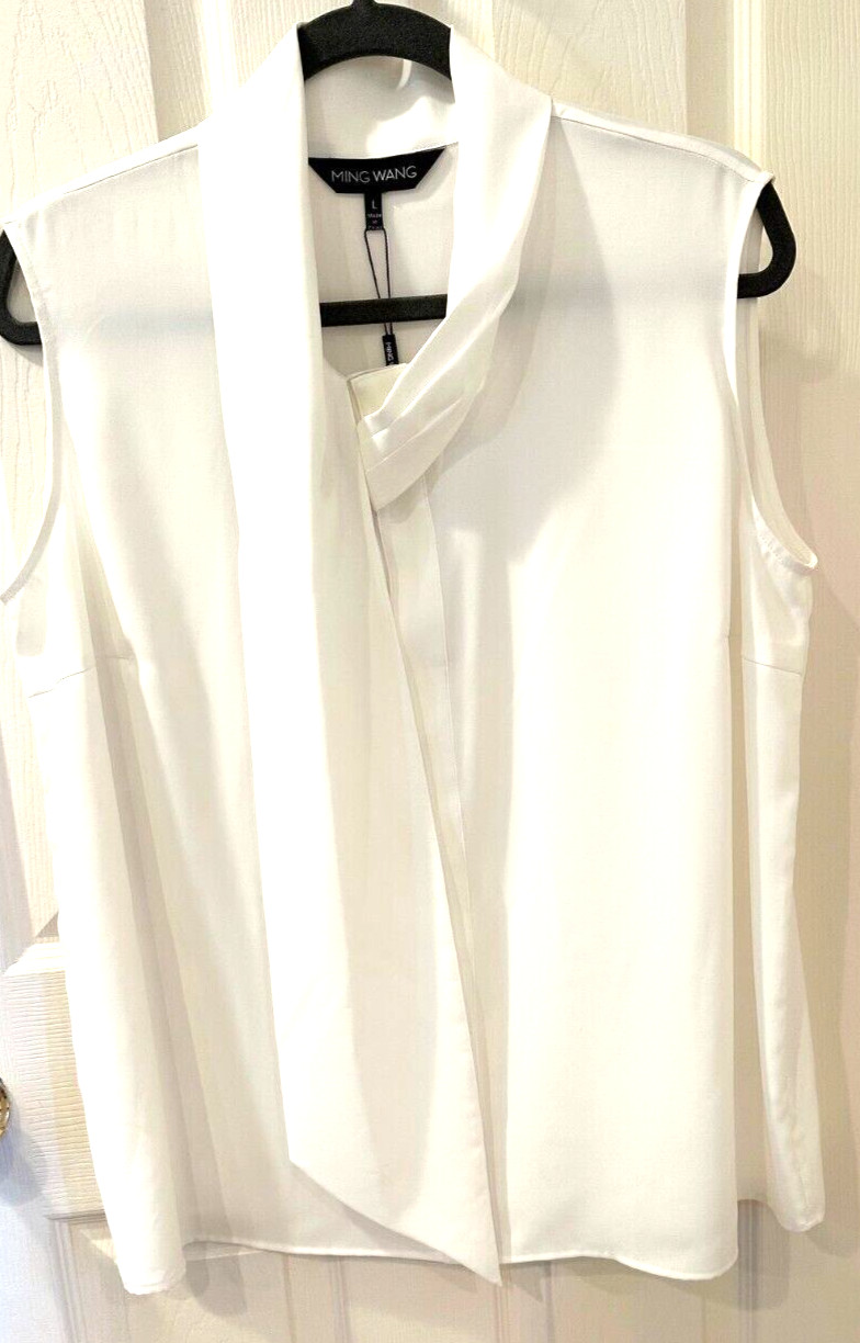NWT $195 Ming Wang Crepe Tie Neck Sleeveless Blouse sz L  Ivory Shirt top