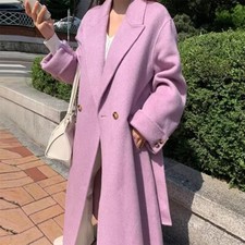 Korean French Style Lapel Collar Mid Long Trench Coat Overcoat Outwear Loose Fit