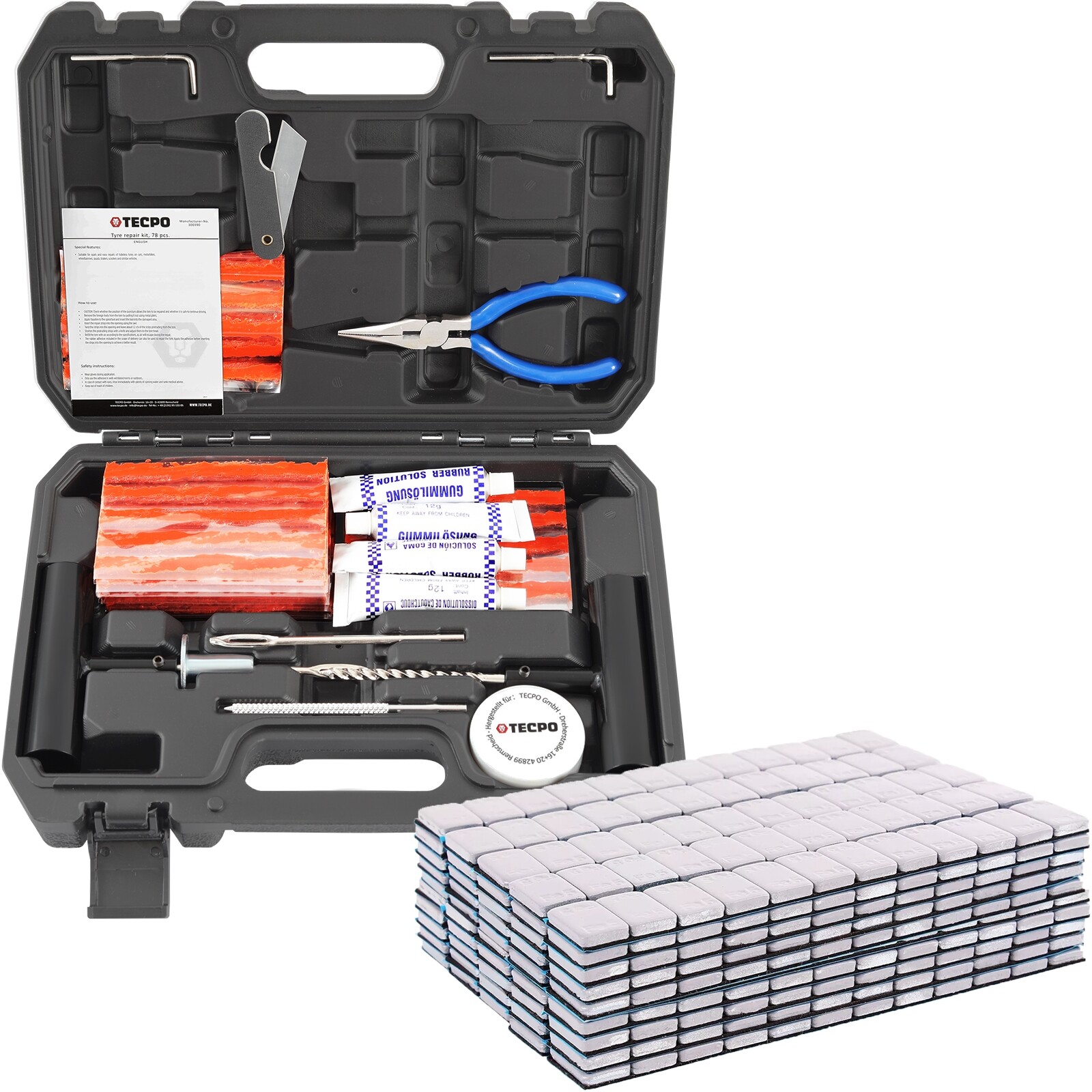 TECPO EQUILIBRADO PESAS LLANTAS ALUMINIO PESOS ADHESIVOS + JUEGO REPARACIÓN NEUMÁTICOS HERRAMIENTA