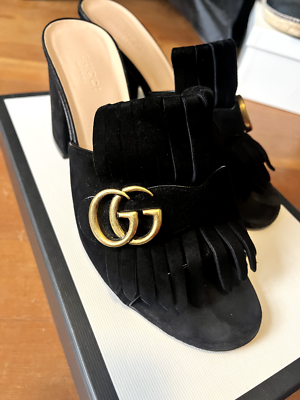 GUCCI Black Suede GG Marmont Fringed Slide Sandals Size 39/Black