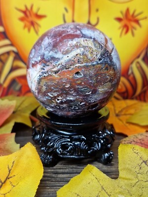 Druzy rote mexikanische Achat Kugel Kristall 59 mm 270 g & schwarz verzierter Ständer