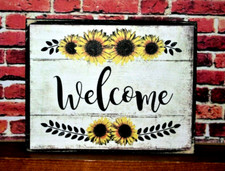 Welcome Sunflowers Farmhouse Rustic Wooden Sign Block Shelf Sitter 3.5X4.5