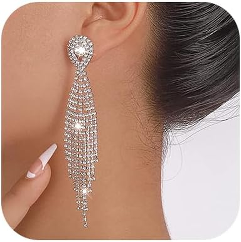 Teardrop Crystal Chandelier Earrings Long Tassels Dangle Earrings Sparkling Rhin