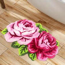 Pink Flowers Bath Rug, Floral Rose Shape Decor Non-Slip Mat for Bathroom Cute...